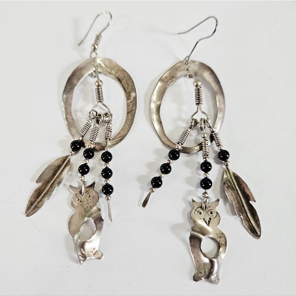 Vintage Native American Sterling Silver Owl Feather Onyx Beaded Dangle Earrings